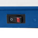 A close up of a blue and red switch on a white background.