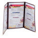 A brown Menu Solutions triple panel menu jacket on a table with a menu inside.