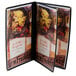 A black Menu Solutions triple panel booklet menu jacket with a picture of food on it.