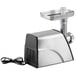 A silver and black Galaxy SMG5 electric meat grinder with a metal tray and cord.