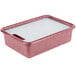 A rectangular pink plastic container with a white lid.