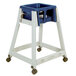 A Koala Kare grey plastic high chair with blue seat and casters.