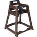 A brown highchair with a black seat.