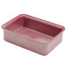 A red rectangular plastic container with a raspberry design.