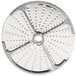 A Robot Coupe hard cheese grating disc, a circular stainless steel metal disc with holes.