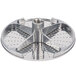 A silver metal Robot Coupe hard cheese grating disc with holes in it.