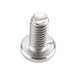 A close-up of a stainless steel screw with a white background.