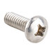 A close-up of a stainless steel screw with a metal head.