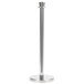A close-up of a chrome Aarco rope style crowd control stanchion pole.
