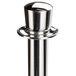 A chrome crowd control stanchion with a round top.