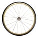 A white bicycle wheel with a black rim and black spokes.