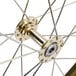 A close up of a gold and white Carnival King 18" spoke wheel.
