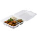 A clear plastic GET Eco-Takeouts container with 3 compartments filled with food.