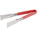 Two Vollrath stainless steel tongs with red Kool Touch handles.