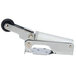 A metal hydraulic door closer with a black roller and handle.