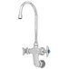 A silver T&S deck mounted pantry faucet with a swivel gooseneck nozzle and blue stickers.