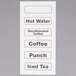 A white label on a Cambro coffee dispenser with black text reading "hot water, coffee, tea."