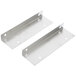 A pair of stainless steel brackets holding a metal plate with holes over a metal shelf.