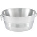 A silver stainless steel Vollrath conical beverage tub with handles.