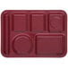 A dark cranberry melamine 6 compartment tray with different shapes.