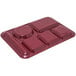 A dark cranberry Carlisle melamine tray with six compartments, including four circles.