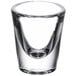A close up of a clear Libbey shot glass with a small rim.