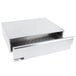 A silver stainless steel drawer for hot dog buns with a lid open.