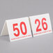 Two white and red Cal-Mil table tents with the number 50.