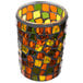 A Sterno Earthtone glass votive holder with a colorful mosaic pattern.