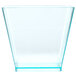 A clear square plastic container with a blue edge.