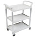 A speckled gray Cambro utility cart with three shelves and wheels.