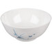 A white melamine rice bowl with blue bamboo designs.