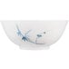 A white melamine bowl with blue bamboo leaves on it.