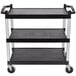 A black Cambro utility cart with three shelves and silver metal legs.
