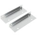 A pair of stainless steel brackets with holes on a metal bar.