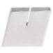A silver stainless steel "box" style menu / card holder with a square cutout on a white surface.