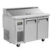 A stainless steel Turbo Air refrigerated sandwich prep table with two doors.