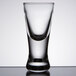 A close-up of a clear Libbey Spirit shot glass.