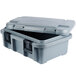 A granite gray plastic box with a lid open.