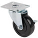 A black Avantco swivel plate caster with silver wheels and a metal plate.