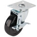 A black Avantco swivel plate caster with a silver metal wheel and brake.