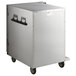 A silver Metro heated holding cabinet with black handles and wheels.