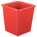 A red square melamine crock with a lid.