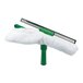 A green and white Unger Visa Versa window squeegee with a white cloth.