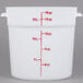 A white plastic Cambro food storage container with red measurements and lettering.