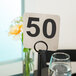 Tablecraft stainless steel table number 50 on a counter.