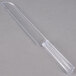 A clear plastic wrapper with a clear plastic Fineline bread knife with a handle.