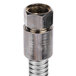 A T&S stainless steel swivel hose and threaded pipe fitting.