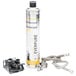 A silver T&S water filtration can with black and silver hoses.