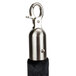 A black metal stanchion rope hook with satin ends.